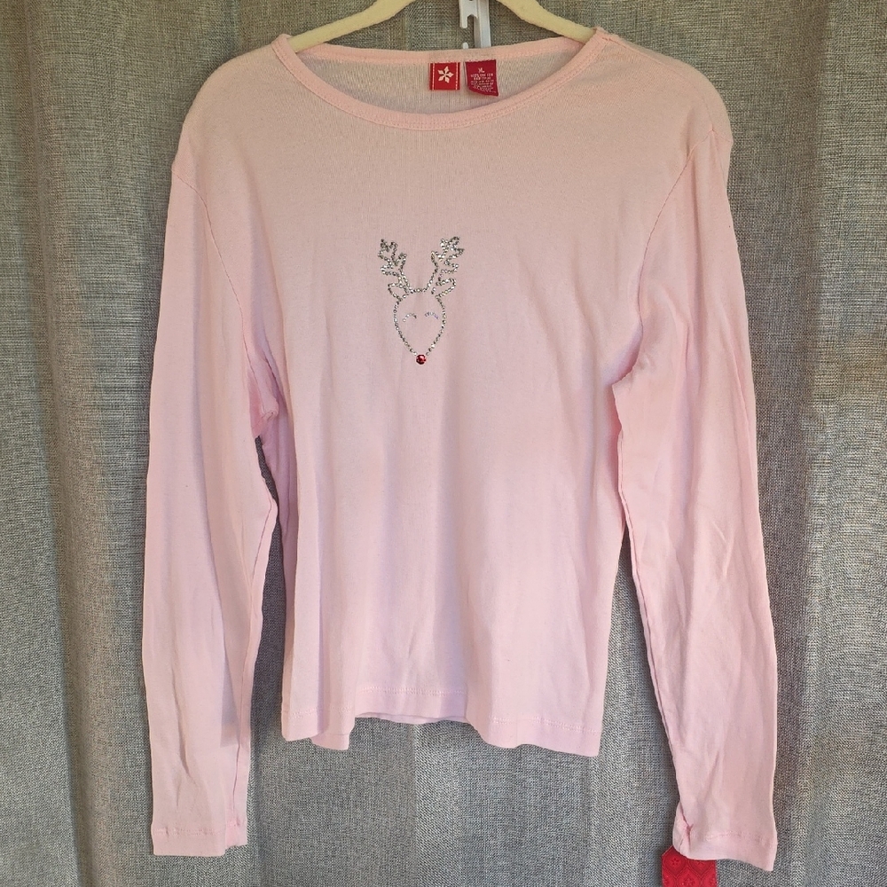 Pink Long Sleeve Top with Reindeer Design Women's Sz XL I1-2025258
